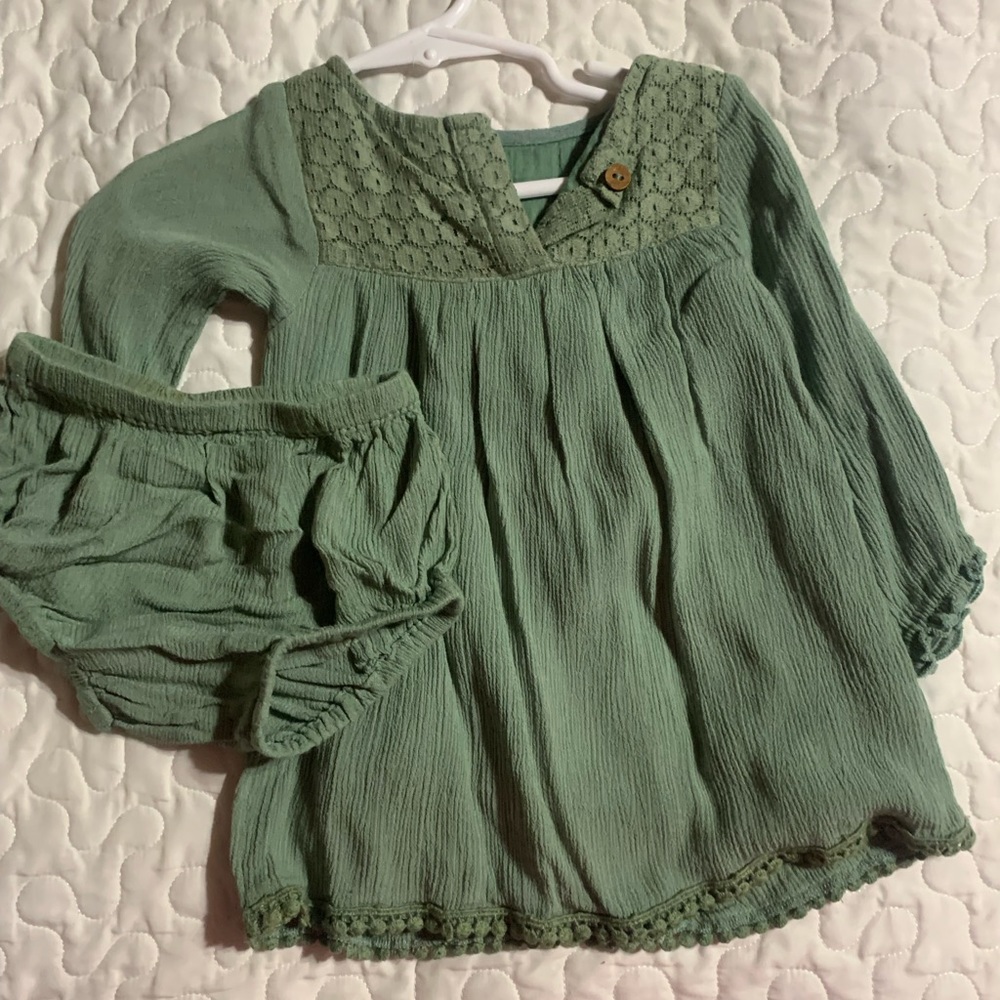 6-9 month Yo Baby olive green dress with matching bloomers.